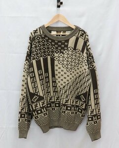 [ used beautiful goods ]FENDI Fendi Zucca FF knitted sweater Size48 XL wool 100% beige × Brown Made In ITALY[..]