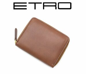 7万新品◆エトロ◆カーフレザー ラウンドジップ型コイン・カードケース 茶【ETRO】1円