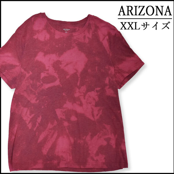メンズブリーチ染め半袖Tシャツ2XL 古着屋 総柄 トップス 赤 丸首 ゆったり