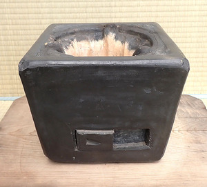  used [ black mud cut .. angle portable cooking stove black brazier rectangle ] fire pot ... tea utensils camp outdoor barbecue roasting fish present condition goods 