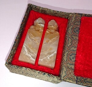 中国 古印材 獅子鈕付き ２顆組 篆刻用印材 書家の愛蔵品 古玩