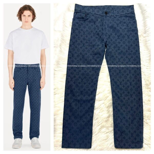 本物 極美品 ルイヴィトン 総モノグラム デニムパンツ ジーンズ 30 ブルー LOUIS VUITTON ヴァージルアブロー