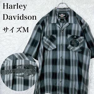 ハーレーダビッドソン Harley-Davidson 半袖 チェック シャツ オープンカラー バックロゴ グレー ワッペン 古着 サイズM アメカジ バイク 