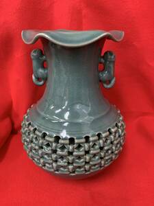 N566　 中国美術 高麗青磁 銀光 双耳 花瓶 花器 花入 花生 華道具 茶道具 唐物 陶器 陶花
