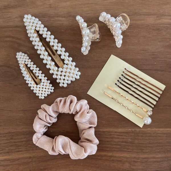 ヘアアクセサリー シュシュ ヘアピン セット ピン アメピン アクセサリー クリップ ミニクリップ パール ブラウン