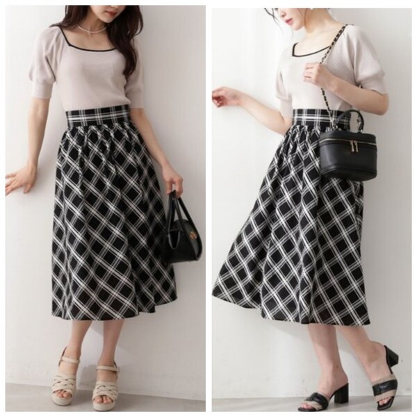 未使用*PROPORTION BODY DRESSING*プロポーションボディドレッシング*シアーチェック*ギャザースカート*フレアミディ丈*ロング*白黒*洗える