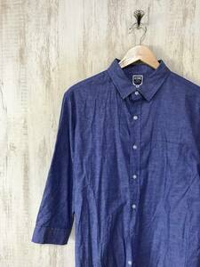 640☆【リネン シャンブレーシャツ】DENIME ドゥニーム 七分丈 L 青系