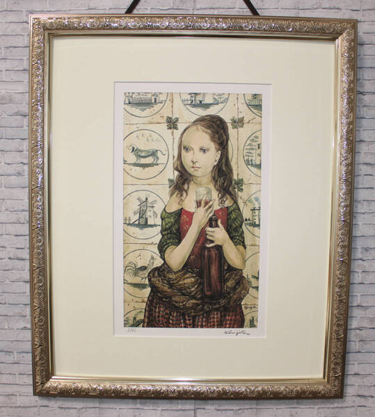 藤田嗣治 エスタンプリトグラフ「ワインを持つ少女」 75部限定