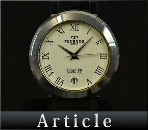 177752◇美品 動作確認済 TECHNOS テクノス メンズウォッチ 腕時計 クォーツ デイト TEM645 タングステン アイボリー シルバー/ D
