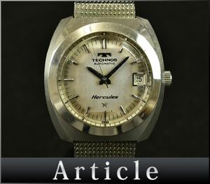 H0687* operation verification settled TECHNOS Tecnos Hercules wristwatch self-winding watch Date 3 hands cut glass SS silver Vintage men's / D