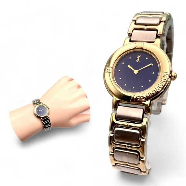 美品■稼働 yves saint laurent レディース YSL 腕時計 ゴールド ベゼル 綺麗 コンビカラー バンド N658-371-1