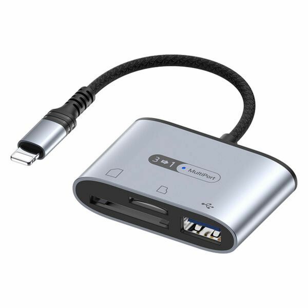 ライトニング 変換アダプター USBハブ SD/microSDカードスロット USB-Aポート搭載 シルバー 
