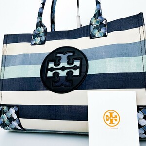 1円■入手困難■Tory Burch トリーバーチ エラ 総柄 ロゴ キャンバス トートバッグ ビジネス 大容量 A4 レディース メンズ レザー ブルー青