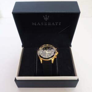 [未使用] MASERATI マセラティ 腕時計 クロノグラフ デイトカレンダー ラバーベルト ブラック ゴールド メンズ
