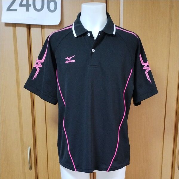 明治学院大学【AKUSTOT】半袖ポロシャツメンズL/LL 黒 アクストットバトミントンサークルロゴプリント MIZUNOミズノ製