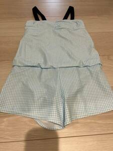 160 см девочка купальный костюм серебристый жевательная резинка проверка юбка-брюки One-piece бледно-голубой 