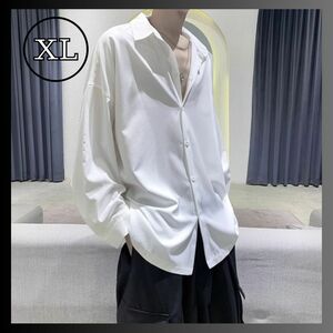 XL メンズ シャツ 長袖 ホワイト 白 オーバーサイズ 涼しめ とろみ 韓国