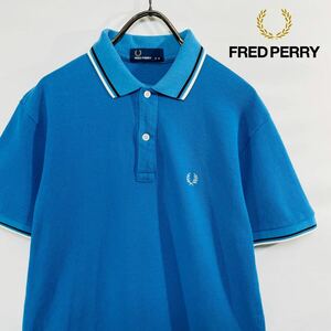 FRED PERRY フレッドペリー リンガーポロシャツ 水色 M ワンポイントロゴ 月桂樹ロゴ 美品 ゴルフ ウェア シャツ 刺繍ロゴ 