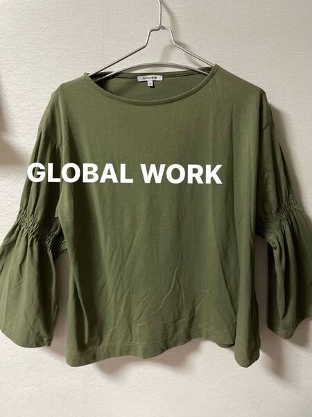 レディース GLOBAL WORK グローバルワーク カットソー 長袖シャツ 袖フリル カーキ S