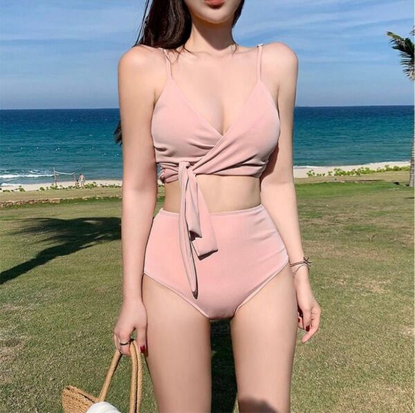 レディース水着 ママ水着 リボン ビキニ ハイウエスト ピンク XLサイズ 大きいサイズ 韓国 体型カバー 20代30代 40代