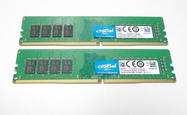 Crucial　DDR4-2400 PC4-19200　16GB x 2本セット　合計32GB　DDR4メモリ　動作OK　送料無料