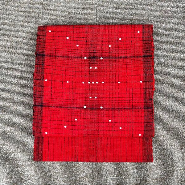 名古屋帯 紬 正絹 八寸 お太鼓柄 刺繍 水玉 格子 縞 赤 黒 白 アンティーク リメイク レトロ 小紋 単衣 袷 浴衣 夏着物