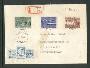 外国切手　初日カバー　FDC　鉄道100年　３種貼　書留　フィンランド　1962年　西ドイツ宛／デンマーク　1947年　アメリカ宛