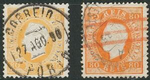 外国切手　使用済み　ポルトガル　1870-84年　ルイ国王　80ｒ（44e）　シェード違い２種