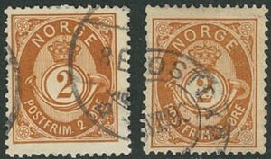 外国切手　ノルウェー　使用済み　1882-93年　ポストホルン王冠　2o（37）　シェード違い2種
