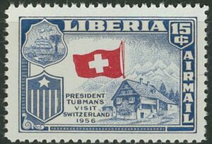 外国切手　リベリア　未使用　1958年　タブマン大統領訪欧　スイス　国旗逆刷エラー