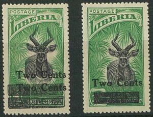 外国切手　リベリア　未使用　1926年　加刷2c/1c　正規品と二重加刷2枚　OH