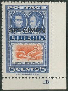 外国切手　リベリア　みほん　1952年　5ｃ　スコットNo.336　1種　SPECIMEN加刷　単片