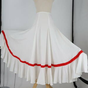 『送料無料』【美品 フラメンコ衣装】ホワイト×レッド ファルダ ペチコート 大きく広がる裾 スカート Flamenco タンゴ