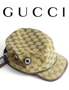 99,000円新品GUCCIグッチ★高級感のあるレザートリミング仕様GGキャンバス・ミリタリーキャップ