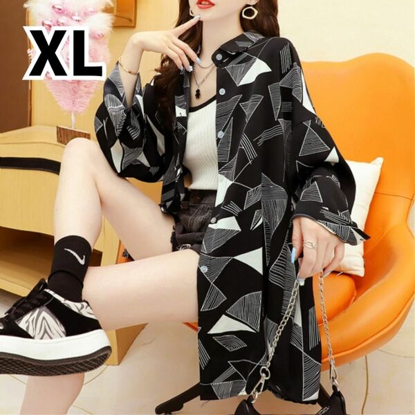 【品薄】総柄 オーバーサイズ シャツ 長袖 XL 韓国 春 夏 幾何学模様 黒