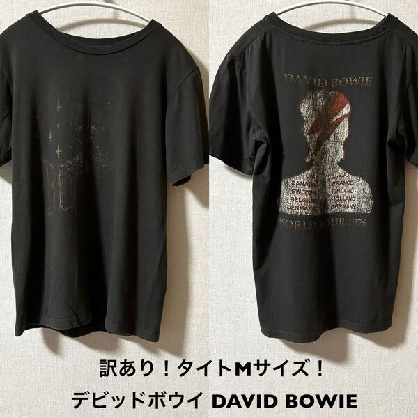 訳あり!タイトMサイズ!デビッドボウイ 古着半袖Tシャツ チャコール DAVID BOWIE WORLD TOUR 1976 BUNNY RABBITボディ