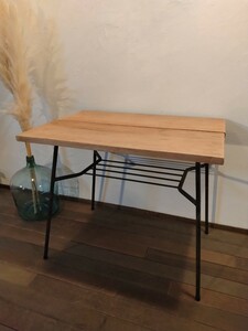 R60603-9 ナチュラルスタイル ラワン材 2枚板 鉄脚テーブル ① 幅約87cm×63cm 高さ約72cm