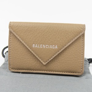 42191★1円スタート★BALENCIAGA バレンシアガ 新品同様美品 ペーパーミニ コンパクトウォレット 三つ折り財布 レザー ベージュ