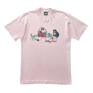 80S USA製 古着 ヴィンテージ Tシャツ アニマルプリント 猫 ねこ ピンク 半袖 レディースL BA2840