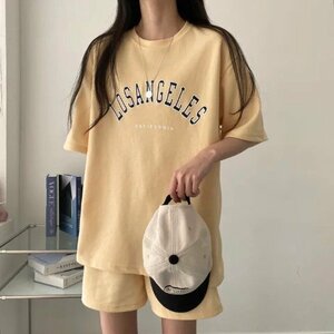 半袖Tシャツ 韓国 レディース &ショートパンツ セットアップ ゆったり カジュアル 2XL ライトグレー