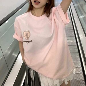 半袖Tシャツ トップス 韓国風 レディース服 おしゃれ 綺麗め L ピンク