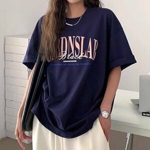 半袖Tシャツ 韓国 レディース トップス カジュアル シンプル おしゃれ 綺麗め 2XL ネイビー