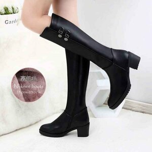 long boots lady's reverse side nappy jockey boots knee high boots low heel 25.0cm(40) black 