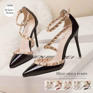  pumps high heel lady's ankle strap rivet pin heel 24.0cm(38) pink beige 