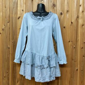 PINKHOUSE * Pink House long sleeve frill long cut and sewn loan frill × ribbon attaching sombreness blue group tunic One-piece 