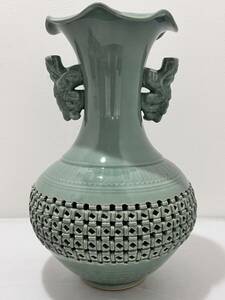 Dハ(606k5) 朝鮮美術 高麗青磁 光成 花瓶 花器 耳付 壺 陶器 飾り インテリア 青磁 