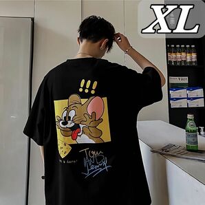 Tシャツ XL ブラック トムとジェリー アメコミ 人気 グラフィック ユニセックス バックプリント ストリート 韓国っぽい