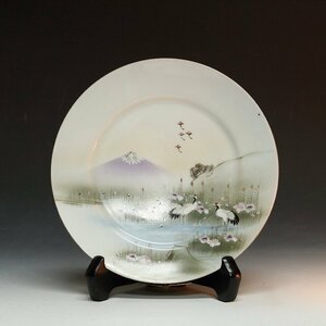 ◆◇近代工芸 山井製 卵殻手( egg shell,plate ) 富士山に丹頂鶴文 ケーキプレート 明治 1800年代後期/ 里帰り◇◆dbsy12849-R