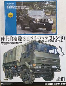 1/35 陸上自衛隊 3-1/2tトラック＆1/2tトラック 未組立品2箱セット アオシマ モノクローム 73式小型トラック いすゞSKW-477