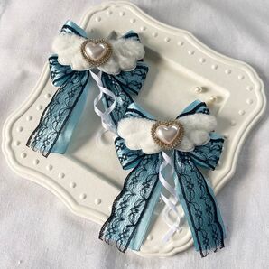 44 リボンヘアクリップ 羽 水色×黒 量産型 地雷系 ゴスロリ ハンドメイド